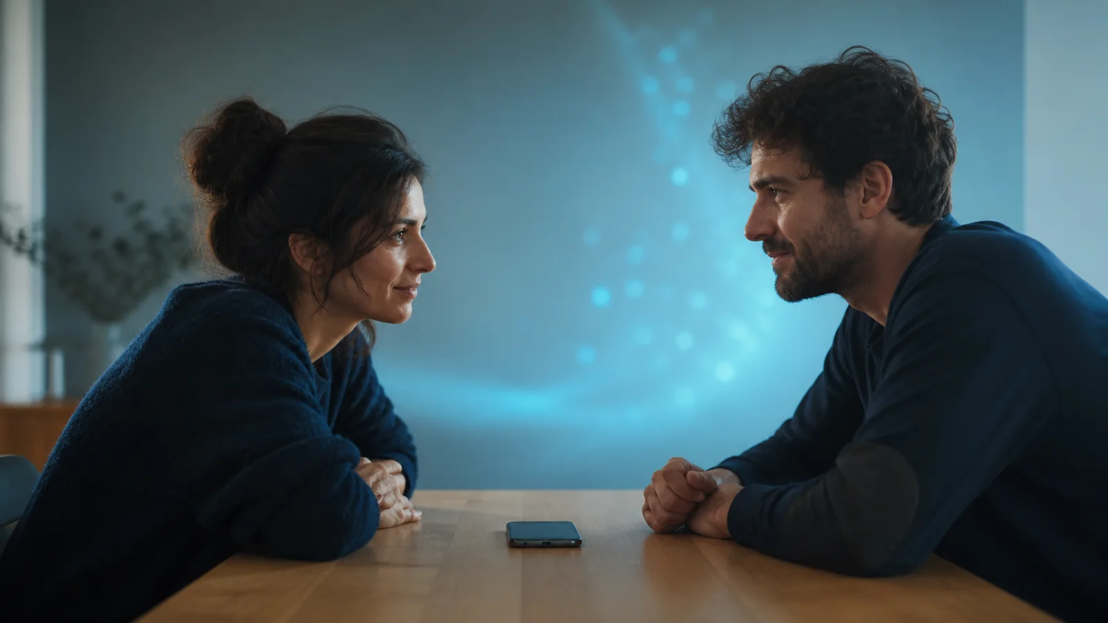 Due persone si ascoltano con uno smartphone spento sul tavolo