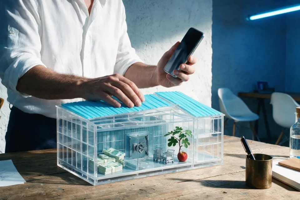 Una persona con lo smartphone osserva una banca in miniatura trasparente con caveau e risparmi
