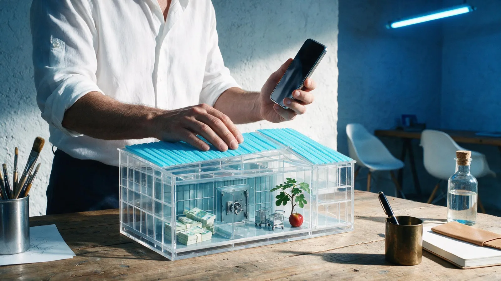 Una persona con lo smartphone osserva una banca in miniatura trasparente con caveau e risparmi