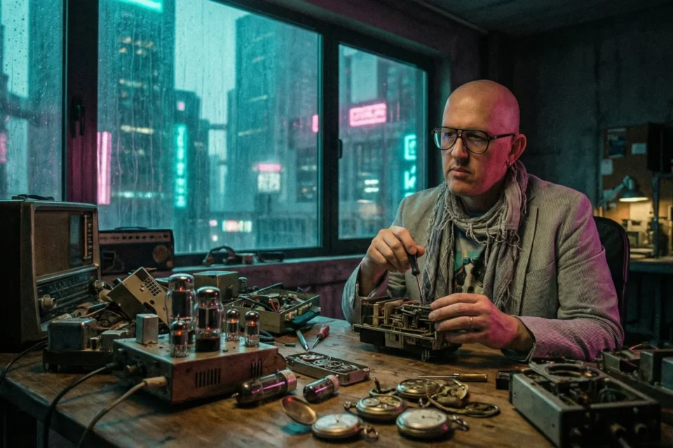 Marco Maso lavora a un banco pieno di vecchie apparecchiature elettroniche