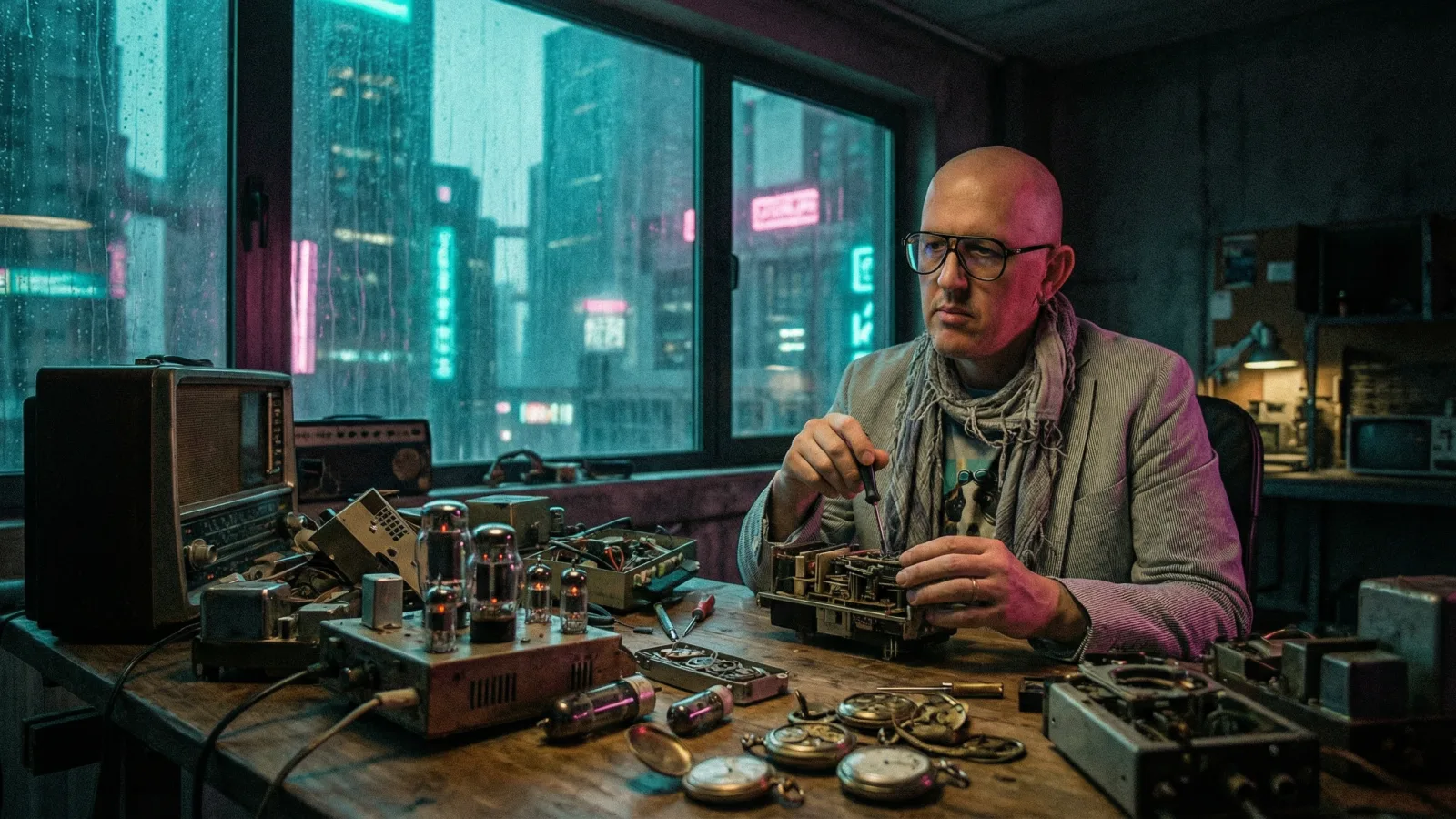Marco Maso lavora a un banco pieno di vecchie apparecchiature elettroniche