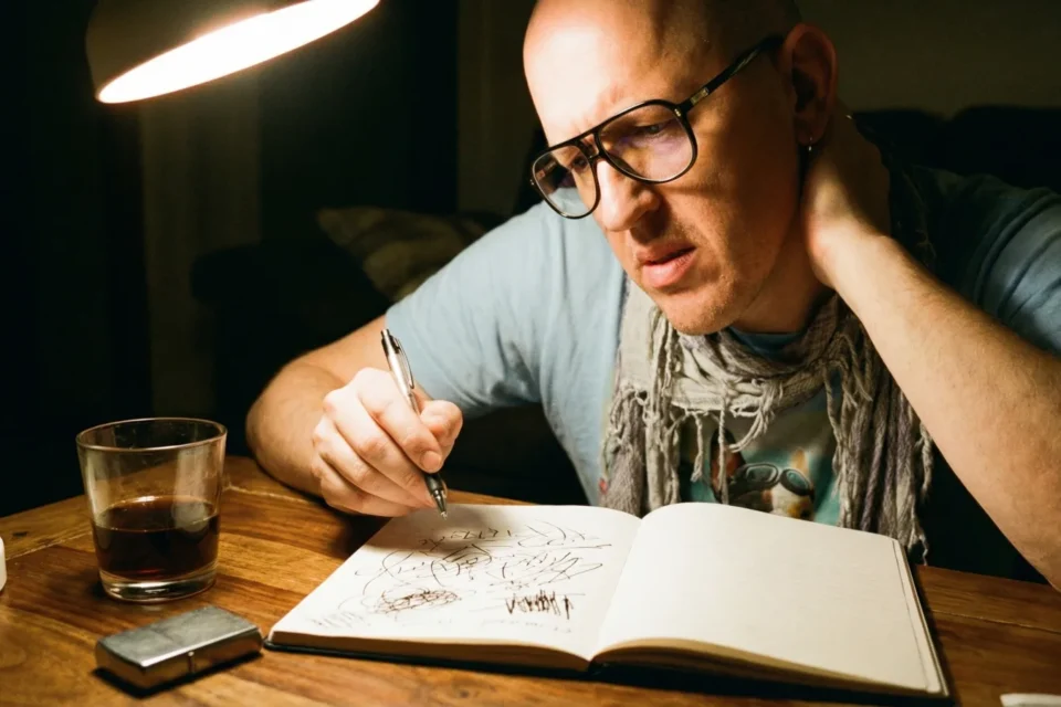 Marco Maso disegna su un taccuino alla luce di una lampada da tavolo