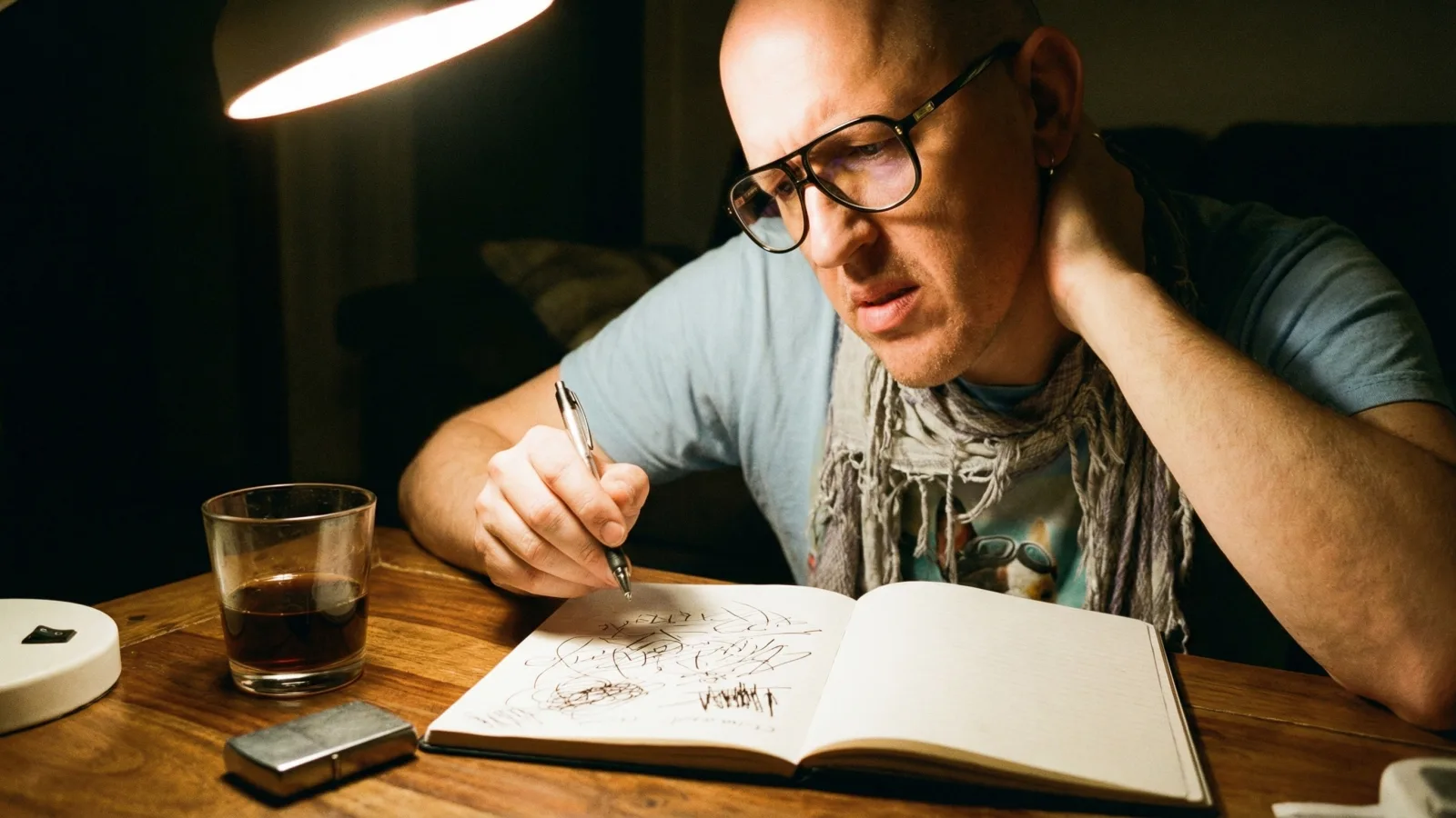Marco Maso disegna su un taccuino alla luce di una lampada da tavolo