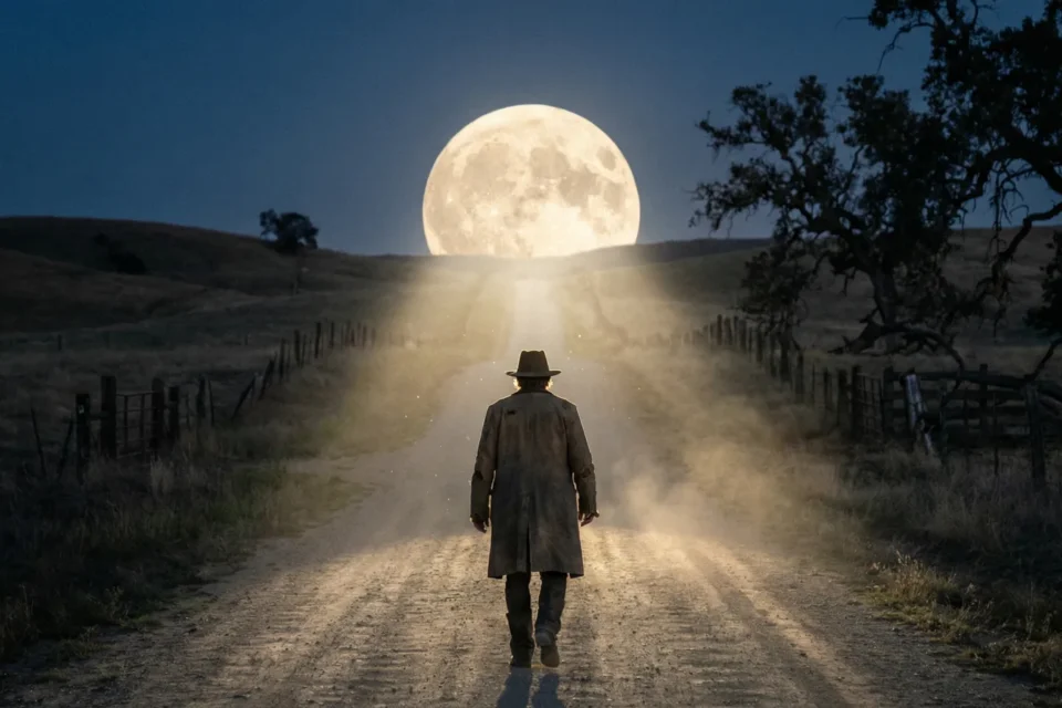 Figura con cappello cammina di notte verso la luna su una strada di campagna