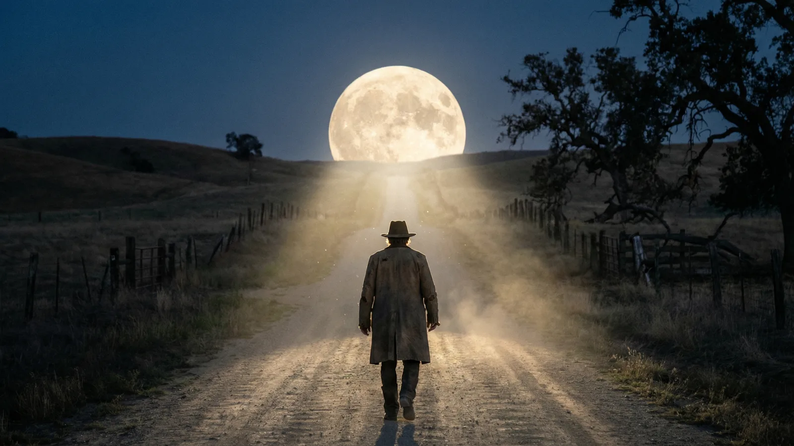 Figura con cappello cammina di notte verso la luna su una strada di campagna
