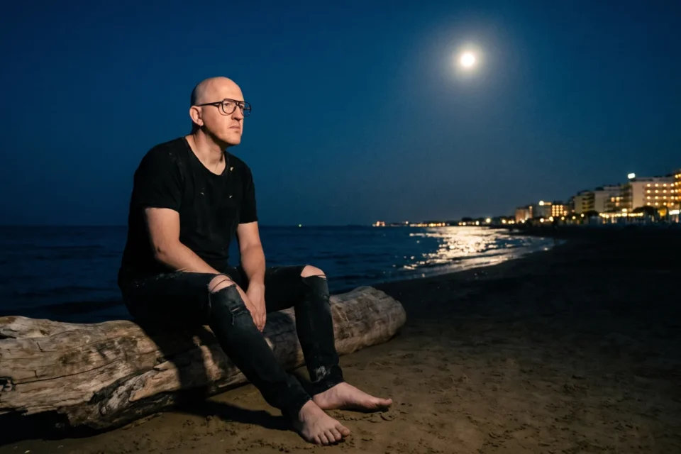 Marco Maso seduto in riva al mare di notte sotto la luna piena