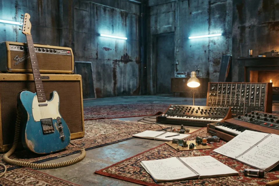 Chitarra Telecaster, amplificatori d'epoca e spartiti in uno studio di registrazione