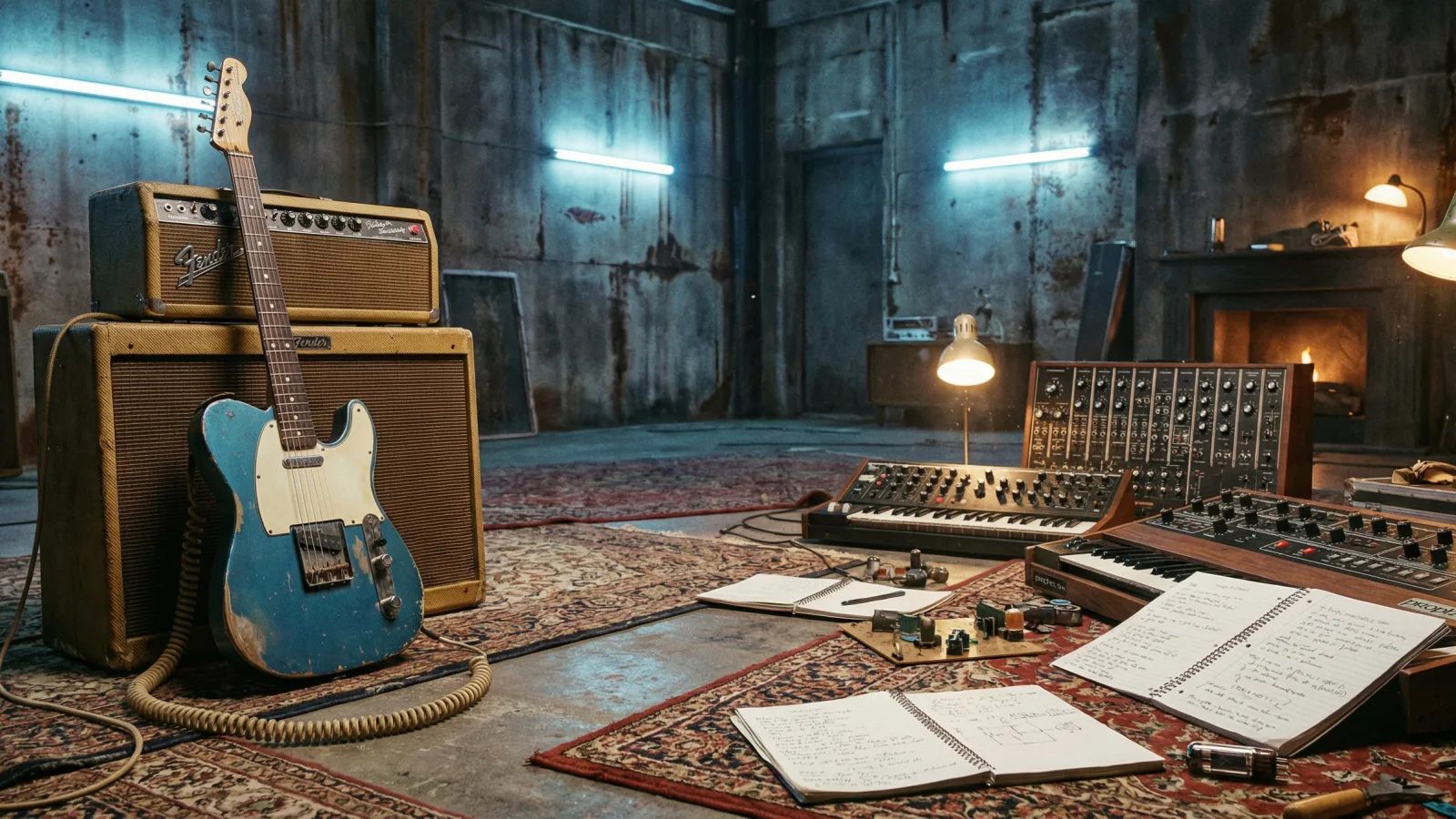 Chitarra Telecaster, amplificatori d'epoca e spartiti in uno studio di registrazione