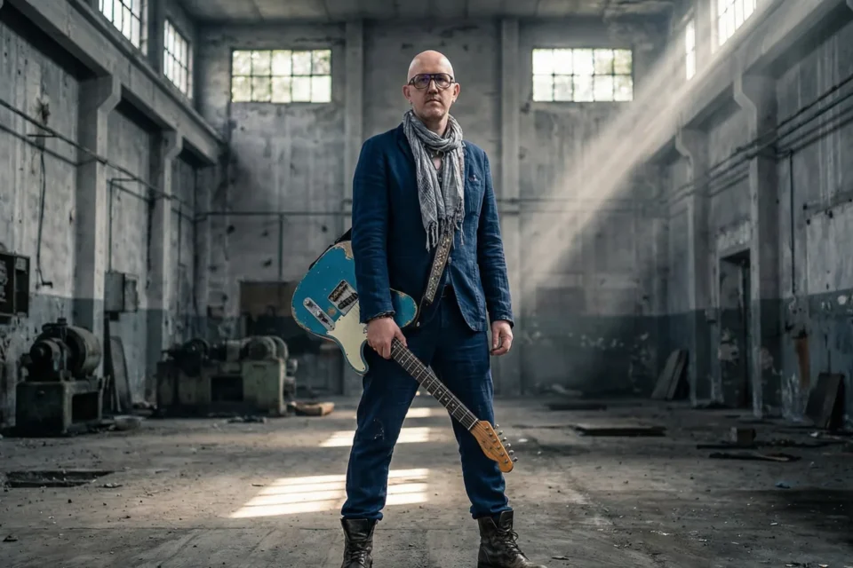 Marco Maso con la chitarra in un capannone industriale abbandonato