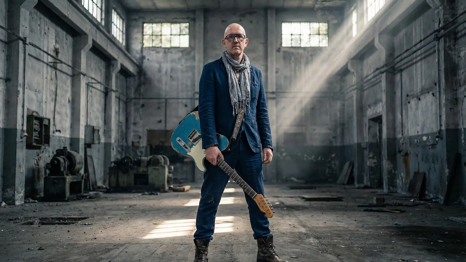 Marco Maso con la chitarra in un capannone industriale abbandonato