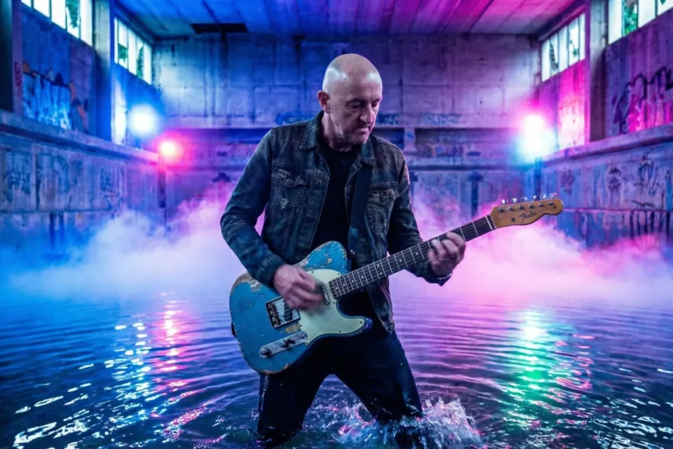 Marco Maso suona la chitarra elettrica in un capannone industriale tra luci colorate