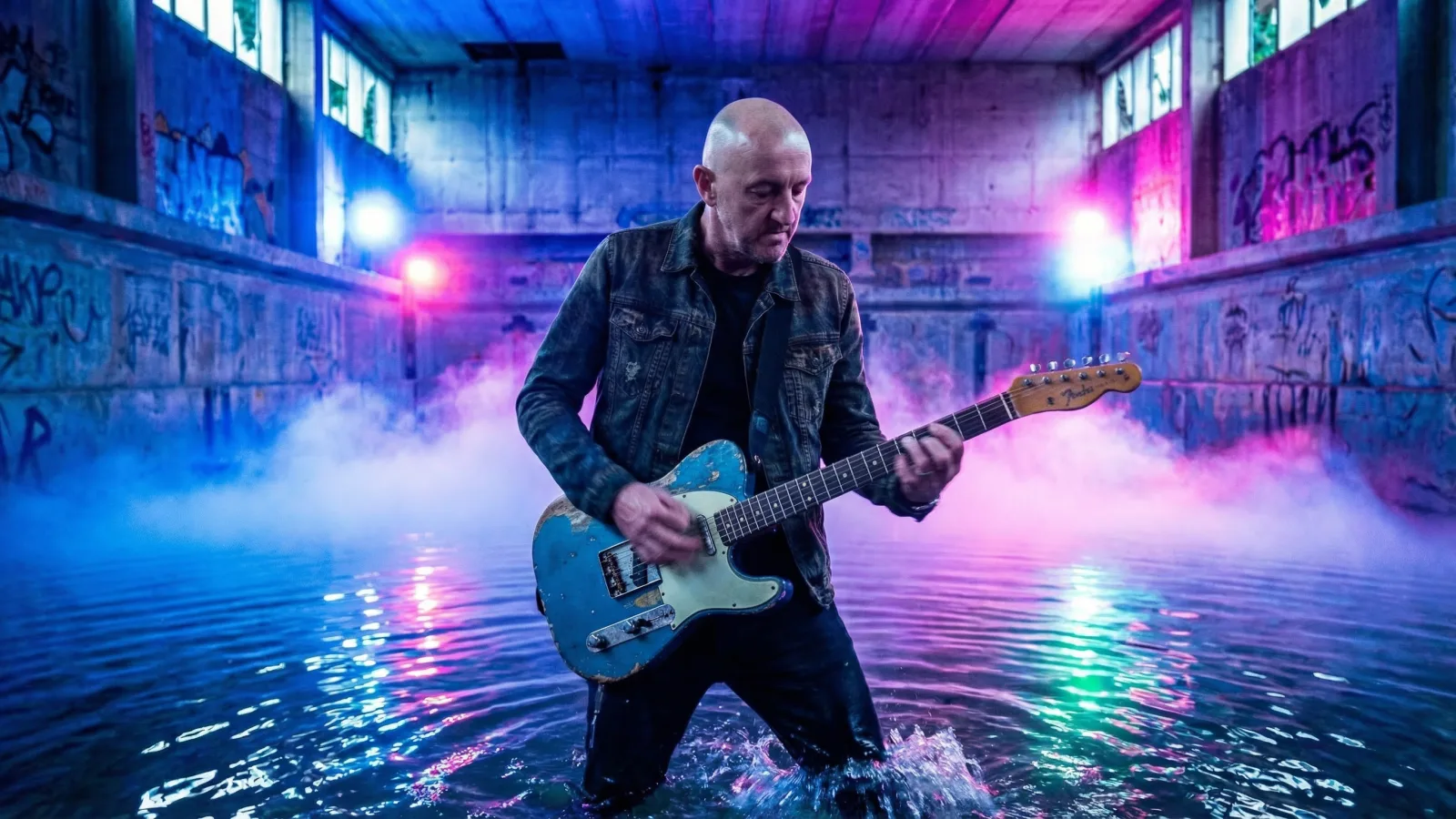 Marco Maso suona la chitarra elettrica in un capannone industriale tra luci colorate