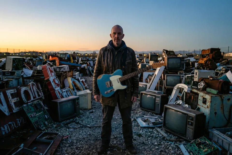 Marco Maso tra vecchi televisori e insegne al neon al tramonto