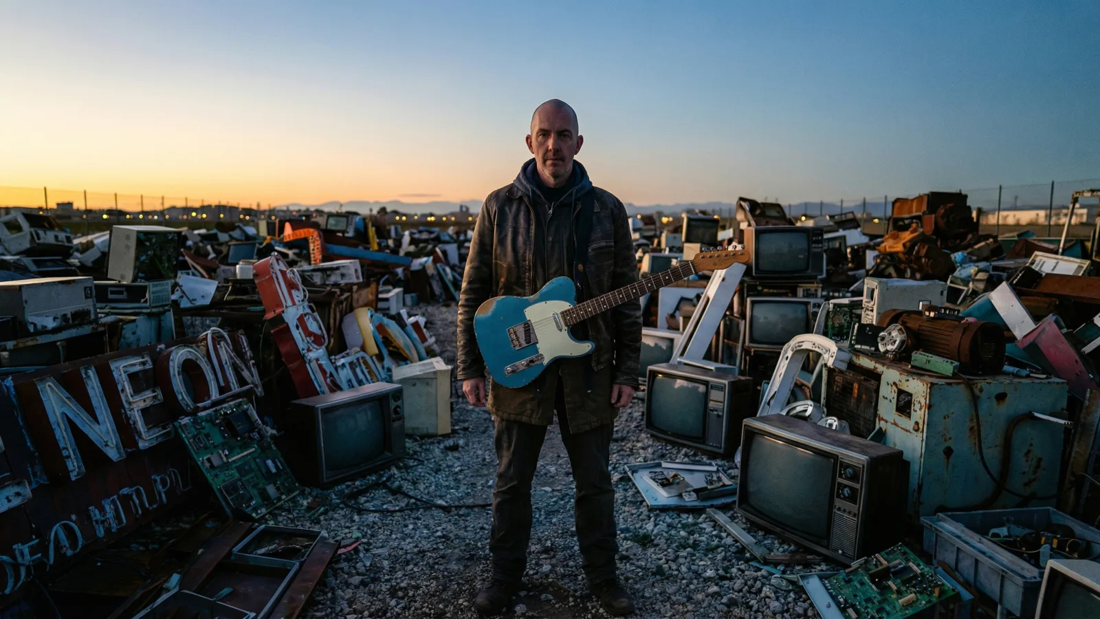 Marco Maso tra vecchi televisori e insegne al neon al tramonto