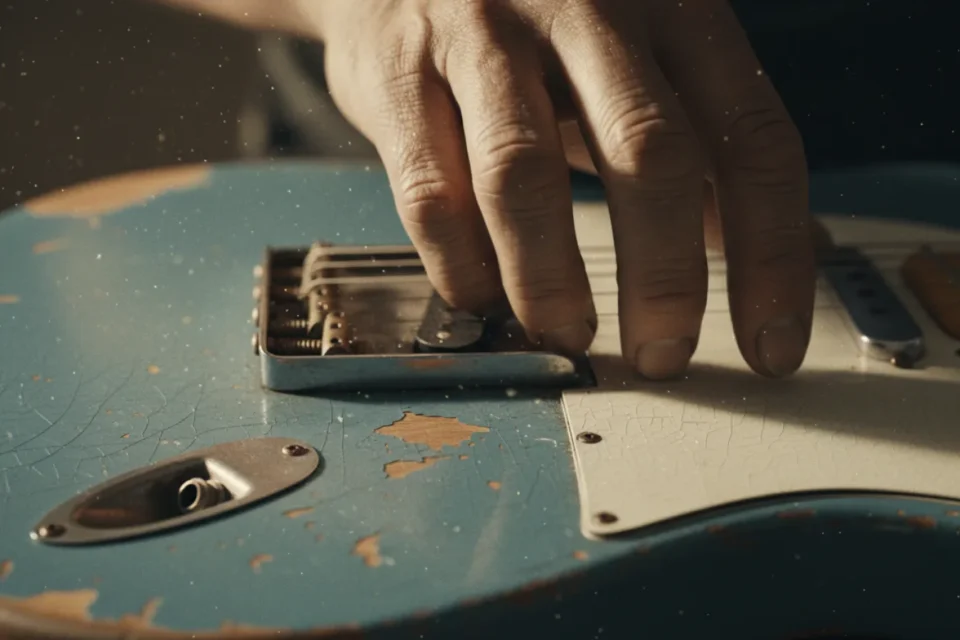 Primo piano di una mano sulle corde di una Telecaster consumata