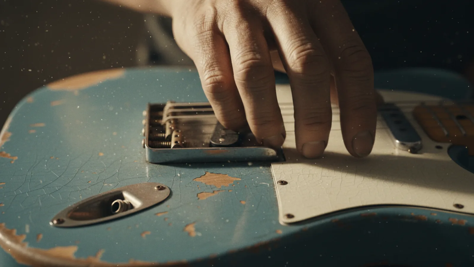 Primo piano di una mano sulle corde di una Telecaster consumata