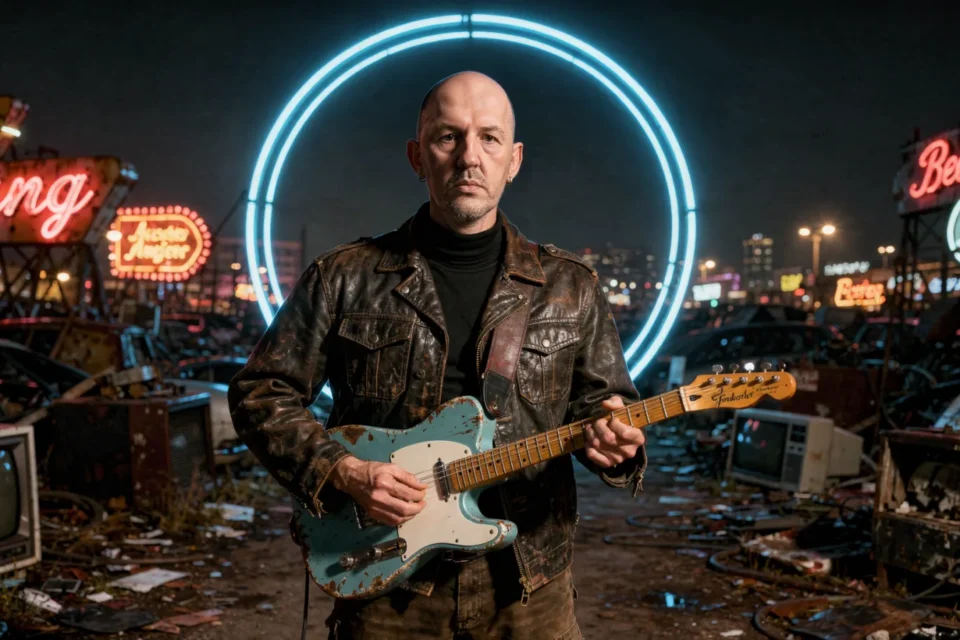 Marco Maso con la Telecaster sotto un cerchio al neon in una discarica di elettronica