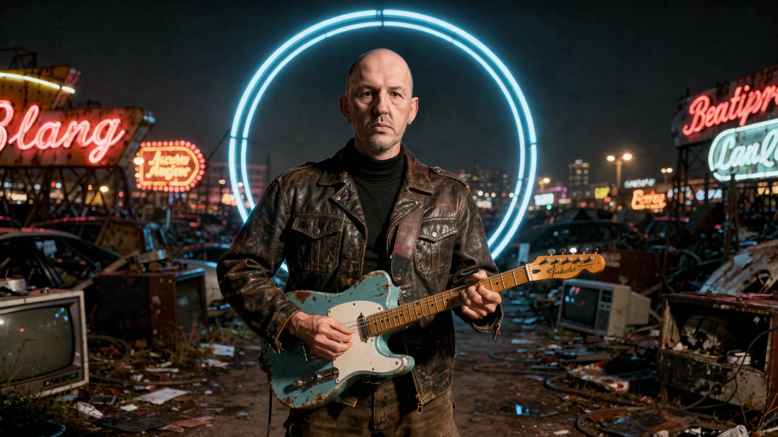 Marco Maso con la Telecaster sotto un cerchio al neon in una discarica di elettronica