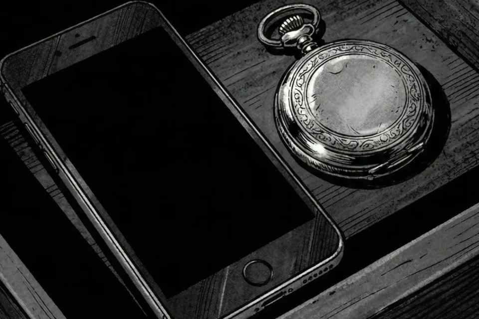 Orologio da taschino e smartphone spento in un cassetto di legno