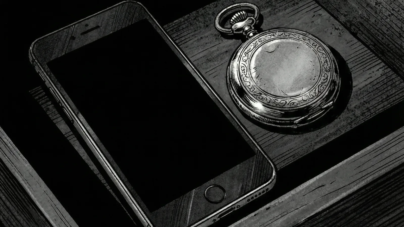 Orologio da taschino e smartphone spento in un cassetto di legno