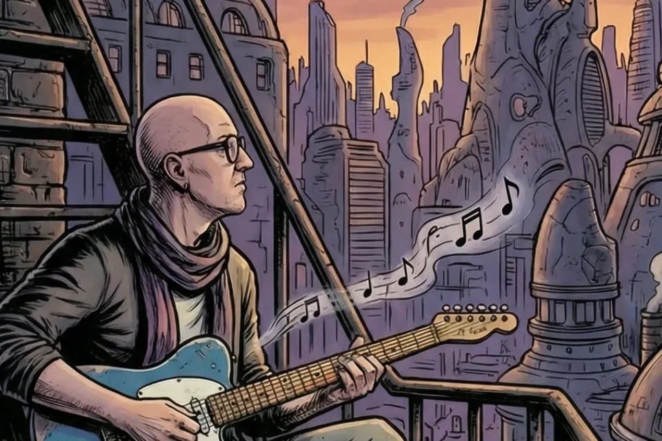 Illustrazione a fumetti di Marco Maso con la chitarra su una scala antincendio