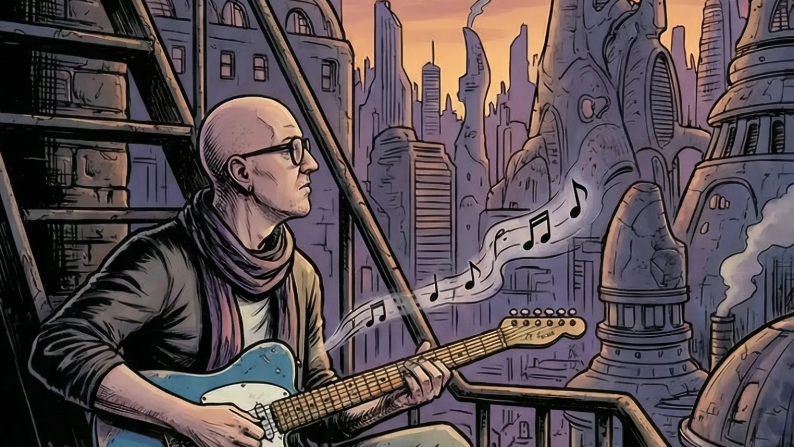 Illustrazione a fumetti di Marco Maso con la chitarra su una scala antincendio