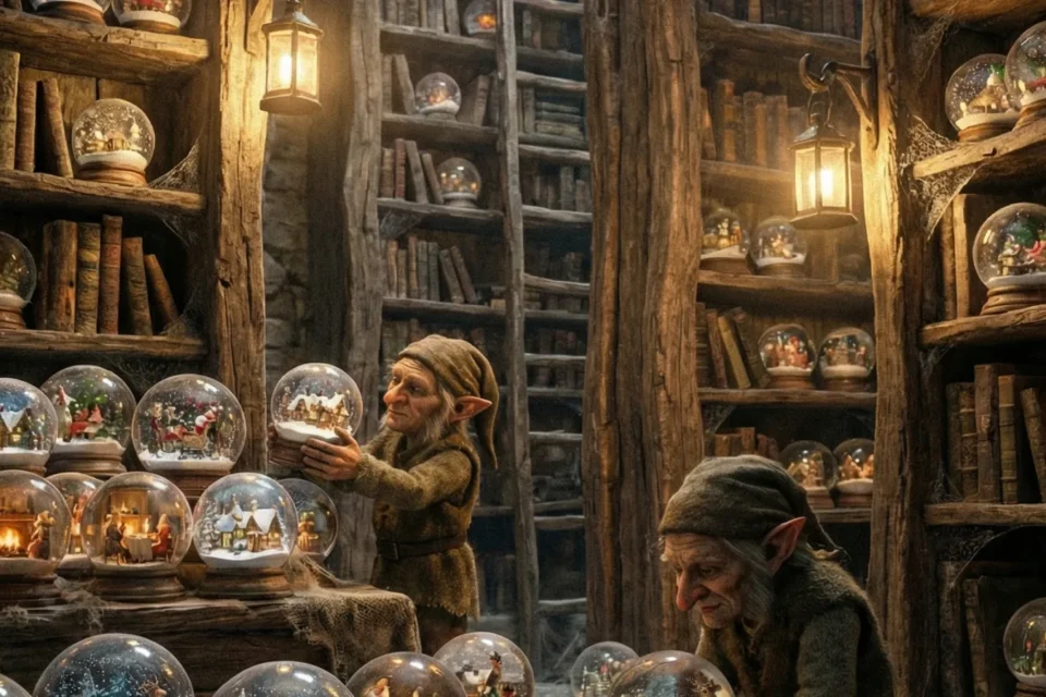 Scaffali di una vecchia bottega pieni di sfere di vetro luminose
