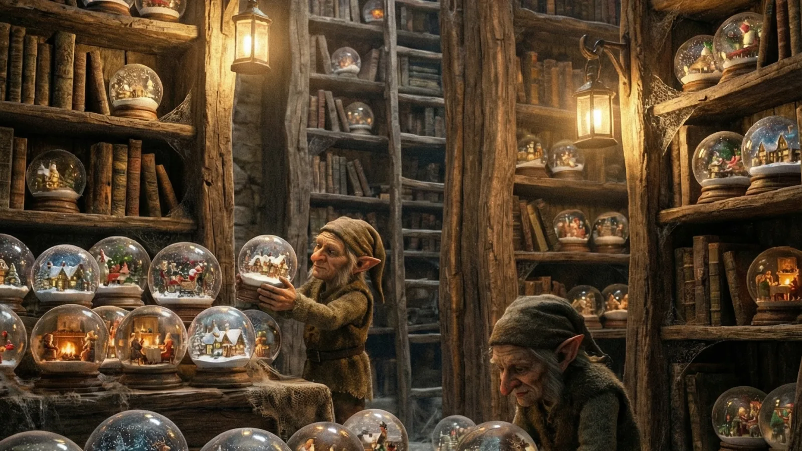 Scaffali di una vecchia bottega pieni di sfere di vetro luminose