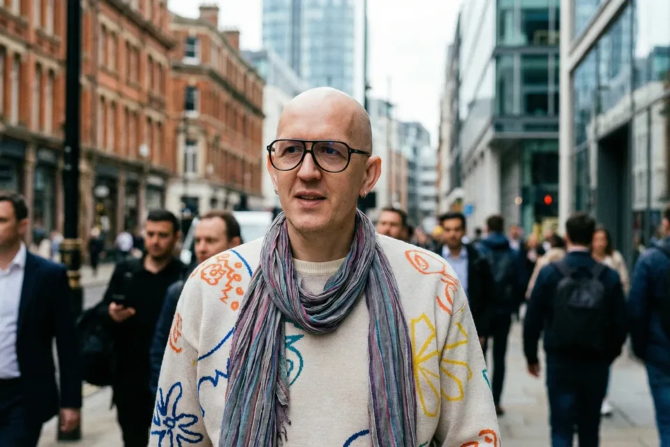 Marco Maso cammina sorridente in una strada affollata di professionisti