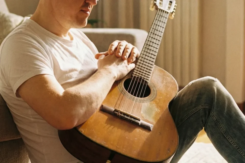 Marco Maso suona la chitarra acustica sul divano di casa