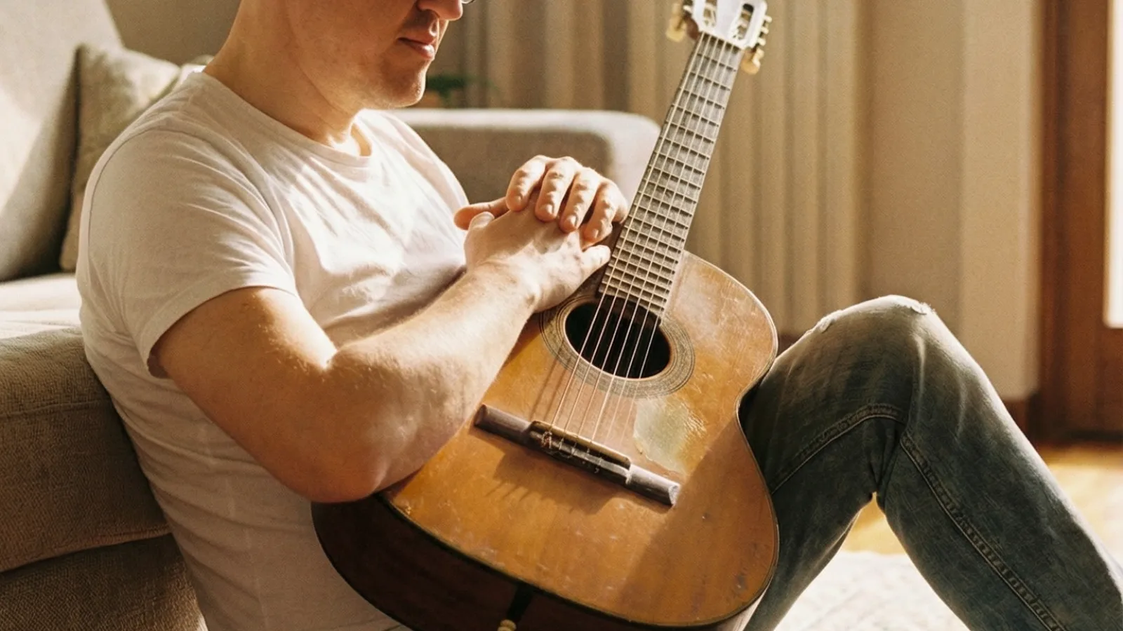 Marco Maso suona la chitarra acustica sul divano di casa