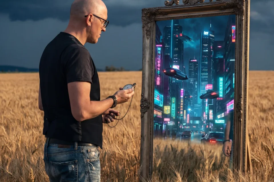 Marco Maso in un campo di grano davanti a uno specchio che riflette una città al neon
