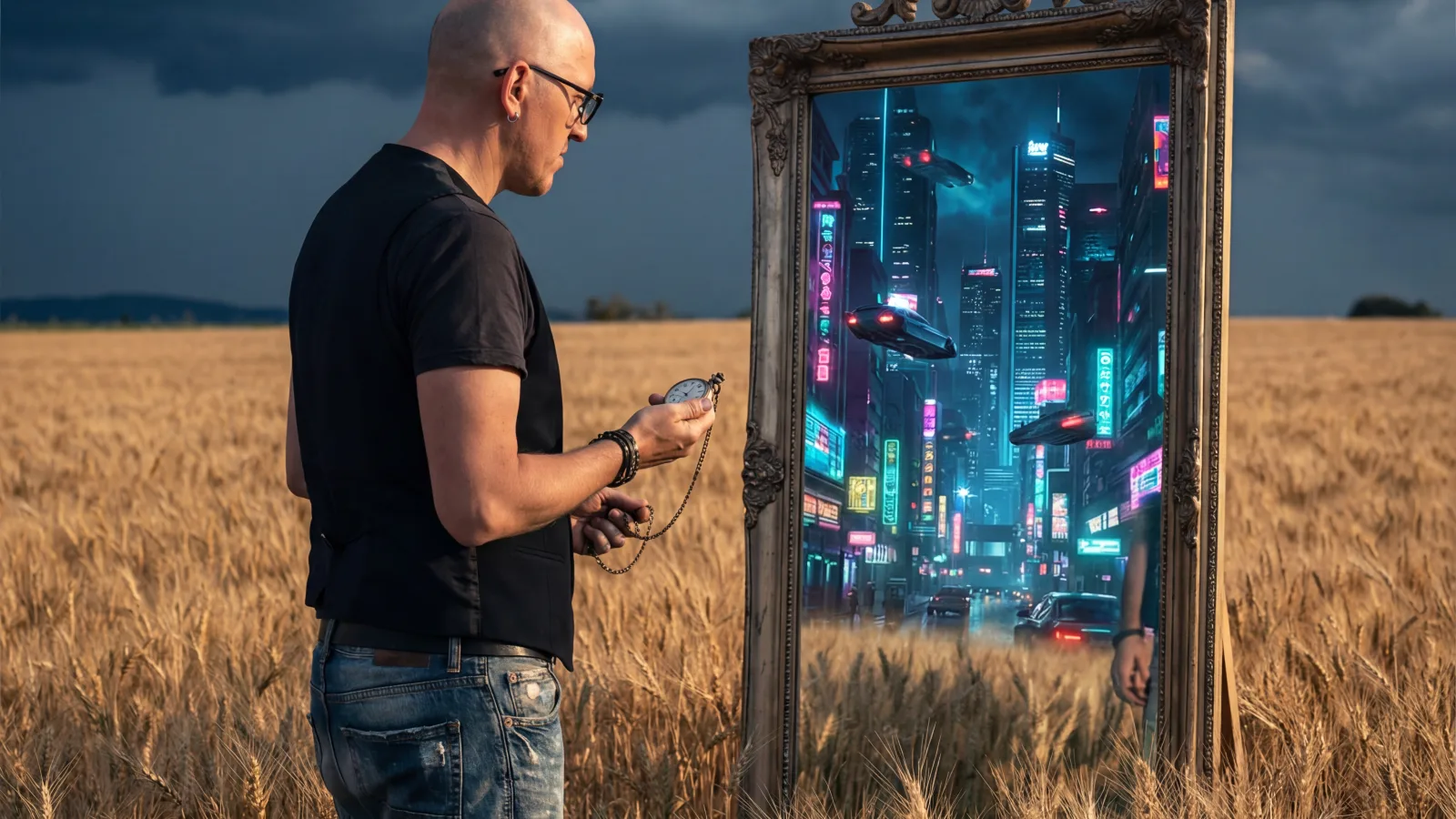 Marco Maso in un campo di grano davanti a uno specchio che riflette una città al neon