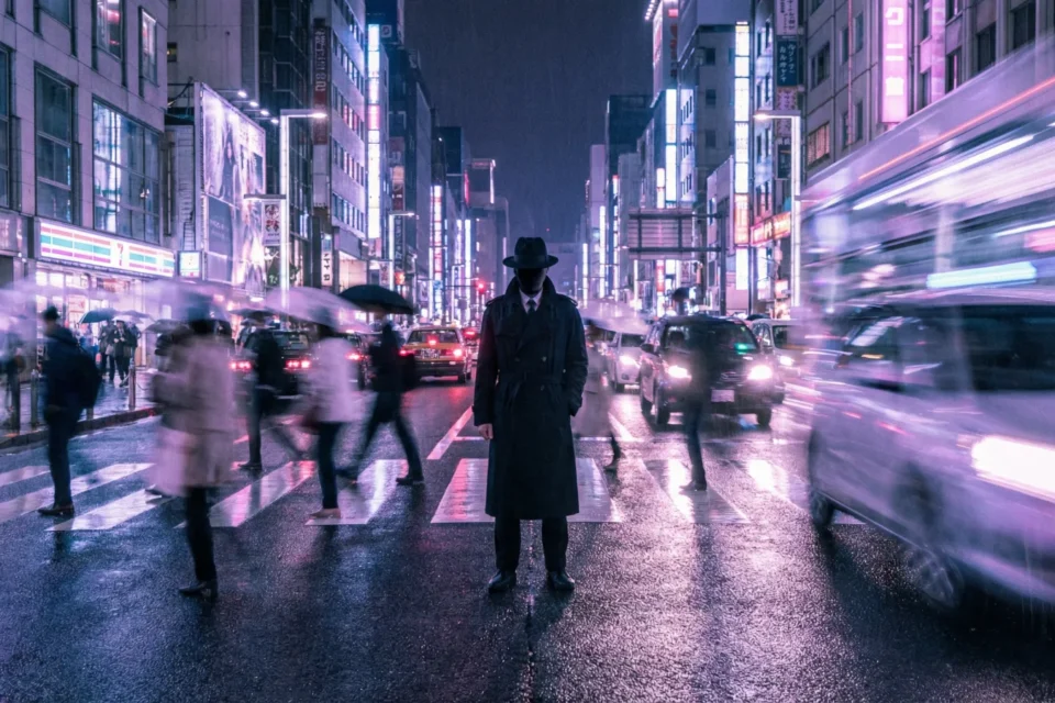 Attraversamento pedonale in una città di notte tra insegne al neon